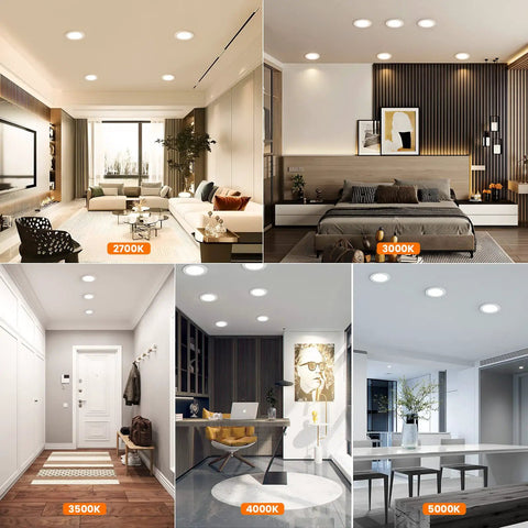 Collage showing Six Pack Ultra Thin 6 Inch LED Recessed Ceiling Lights in various room settings, with color temperatures labeled 2700K-5000K.