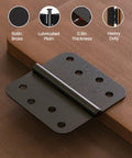 Premium Black Exterior Door Hinges Four Inch Matte Finish Solid Iron Construction With Rounded Corners on wood surface