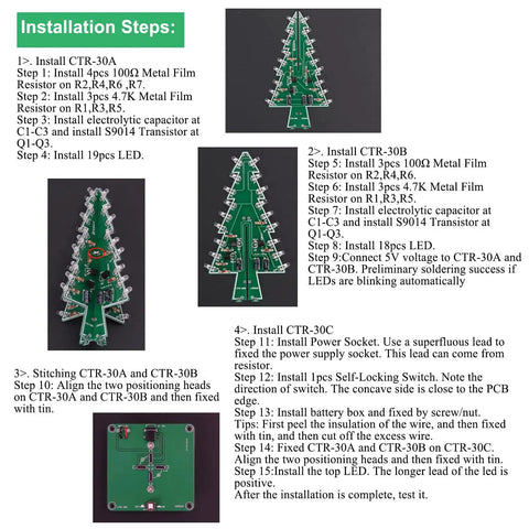 Installation steps for Christmas Tree Soldering Kit For Beginners with PCB and LED components displayed.