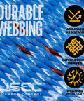 Close-up of blue polyester webbing with durability features, used in Heavy Duty 2 Inch E Track Straps 20 Foot Long 10 Pack.