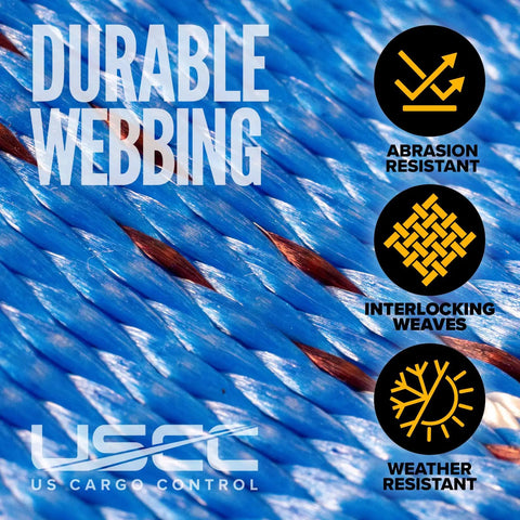 Close-up of blue polyester webbing with durability features, used in Heavy Duty 2 Inch E Track Straps 20 Foot Long 10 Pack.