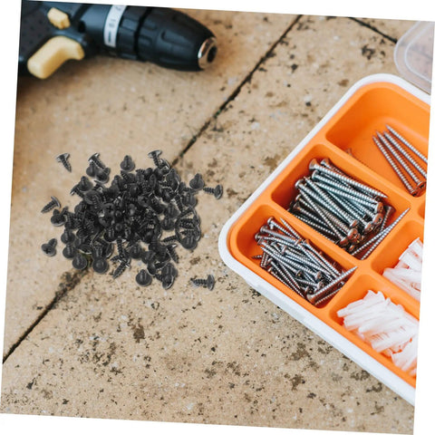 Miniature Metal Screws Set Of 100 Self Tapping Mounting Fasteners For Furniture Repair And DIY Projects, with toolbox and drill.