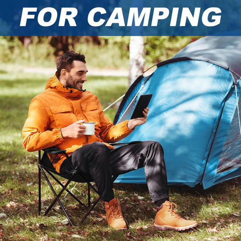 Man sitting on Two Pack Ultra Lightweight Camping Chairs For Adults And Teens, 250 Lb Capacity, in front of a blue tent.