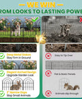 Comparison of Arched Metal Garden Fence Panels 17 Inch Tall 10.83 Feet Long With Tool Free Install versus basic fence model. Includes features like deep metal stakes, arched design, and narrow gaps for pet containment.