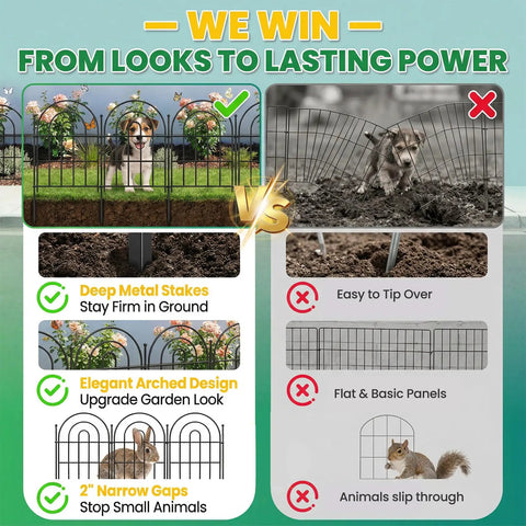 Comparison of Arched Metal Garden Fence Panels 17 Inch Tall 10.83 Feet Long With Tool Free Install versus basic fence model. Includes features like deep metal stakes, arched design, and narrow gaps for pet containment.