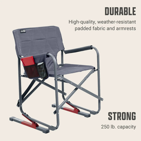 Pro Rocker Camp Chair With Zero Gravity Rocking System Easy Fold Padded Armrests Leaf Spring Comfort chill all day relaxation collapsible for quick setup portable up to 250 lb capacity for outdoors weather-resistant fabric