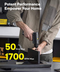 Person using 16V Brushless Power Drill with 50 Nm Torque, Smart Digital Display, LED Light, Auto Mode on a wooden panel.