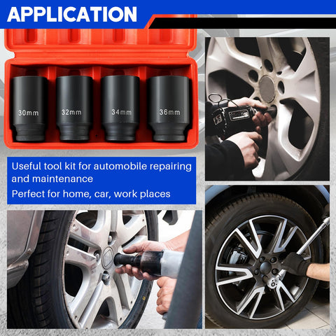 Beefy Half Inch Drive Deep Impact Socket Set Four-Piece 12 Point Metric Axle Nut Sockets 30mm to 36mm for automotive use