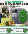 Garden Retractable Hose Reel With Slow Return System, Five Eighth Inch By 85 Feet, Wall Mounted with woman using hose
