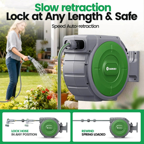 Garden Retractable Hose Reel With Slow Return System, Five Eighth Inch By 85 Feet, Wall Mounted with woman using hose