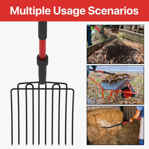 COSITA garden pitch fork with red fiberglass handle and 10 metal tines, 44 inches, for manure and composting.