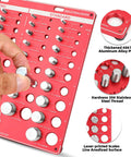 42-piece bolt and nut thread checker on red aluminum plate with 6in/15cm ruler and standard/metric gauges.