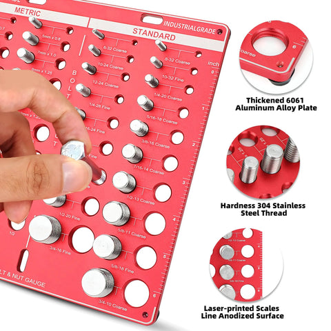 42-piece bolt and nut thread checker on red aluminum plate with 6in/15cm ruler and standard/metric gauges.