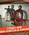 Upgraded Large Magnetic Hooks With 20lb Capacity Heavy Duty Magnetic Hangers For Garage Pegboard Tools And Power Drill Accessories Broom Garden Tools Hardware Storage 4 Pack Black holding hose and sprayer on metal wall.