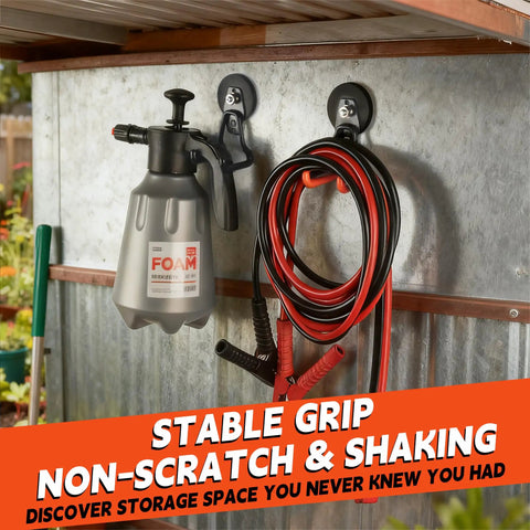 Upgraded Large Magnetic Hooks With 20lb Capacity Heavy Duty Magnetic Hangers For Garage Pegboard Tools And Power Drill Accessories Broom Garden Tools Hardware Storage 4 Pack Black holding hose and sprayer on metal wall.