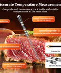 Wireless Meat Thermometer With Ultra Thin Probes Dual Sensors on steak, showing ambient and internal temperature features.