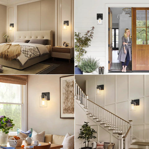 Modern Wall Sconces Set Of Two For Bathroom Vanity Killer Matte Black Finish With Clear Glass Shades in various home settings.