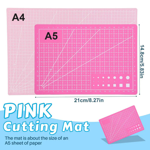 Pink A5 self-healing cutting mat with grid lines for 45mm Rotary Cutter Set With Five Replacement Blades And An A5 Cutting Mat For Fabric Crafting And Sewing The Go To For Patchworking Quilting And Multi Layer Cutting Durable Sharp And Easy To Use.