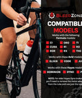 Cyclist on bike with Hydraulic Bike Brake Bleed Kit For Avid, Formula, And Hayes Dominion, compatible models list visible