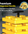 Built Tough Heavy Duty Polymer Rv Leveling Blocks 10 Pack With Quad Grid Traction, featuring a premium integrated handle for easy stacking.