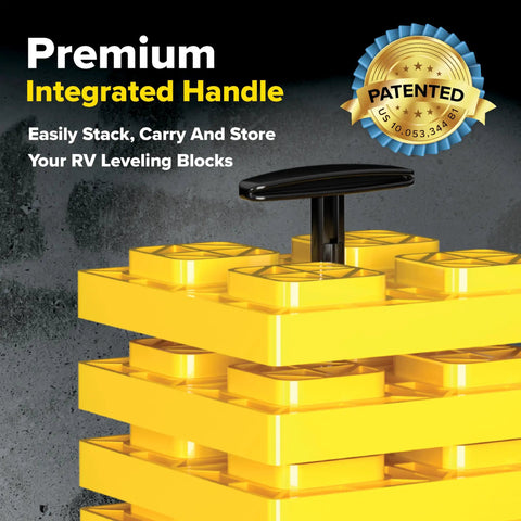 Built Tough Heavy Duty Polymer Rv Leveling Blocks 10 Pack With Quad Grid Traction, featuring a premium integrated handle for easy stacking.