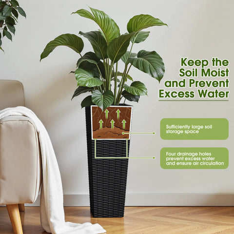 Resin Tall Planters For Outdoor Plants Set Of 2 Large Tapered Flower Pots With 4 Drainage Holes No Fuss Modern Outdoor Decor For Porch Patio Backyard Home Garden Black 24 Inch showcasing drainage hole benefits and soil storage.