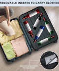 Open TSA-approved 12 bottle wine travel case with clothes and wine bottles, showing removable inserts and foam padding for air travel.