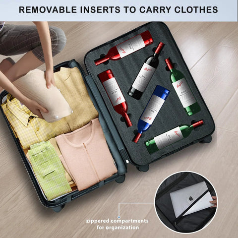 Open TSA-approved 12 bottle wine travel case with clothes and wine bottles, showing removable inserts and foam padding for air travel.