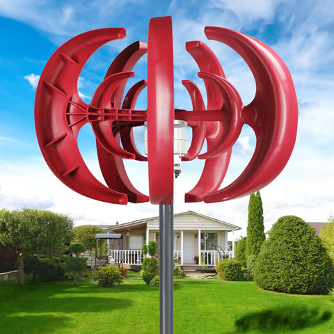 4500W Vertical Axis Wind Turbine Kit For Home Off Grid Power, 5 Blade 12V Generator, installed in garden, red model