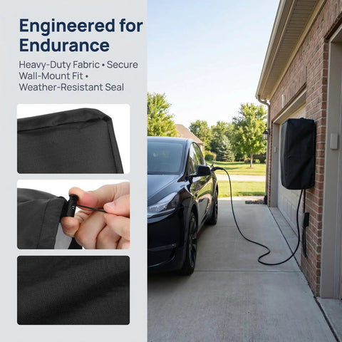 Top Shelf Outdoor Electric Vehicle Charger Cover Built Different With Heavy Duty Waterproof Cloth Shield For Tesla Wall Connector level two port guard on garage wall.
