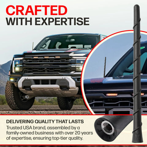 Universal 8 Inch Short Rubber Spiral Antenna Kit for Cars, Trucks and SUVs - Flexible, Durable, Carwash Proof With Tuned Copper Coil and Stainless Threading, Delivers Clear Reception, Black shown on truck.