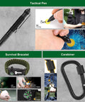 Tactical pen, survival bracelet, and carabiner from Must Have 30 In 1 Survival Gear Kit For Men And Outdoorsy Folks, Emergency Camping Essentials.