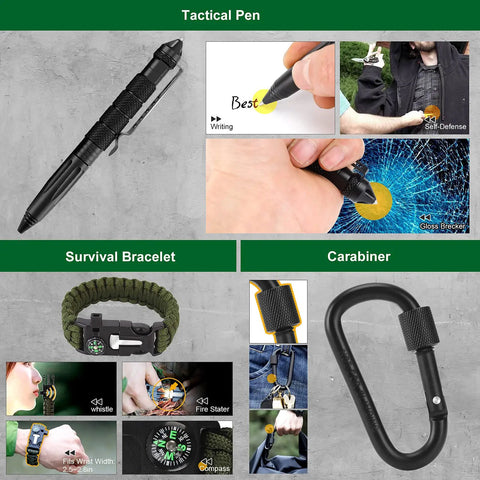 Tactical pen, survival bracelet, and carabiner from Must Have 30 In 1 Survival Gear Kit For Men And Outdoorsy Folks, Emergency Camping Essentials.
