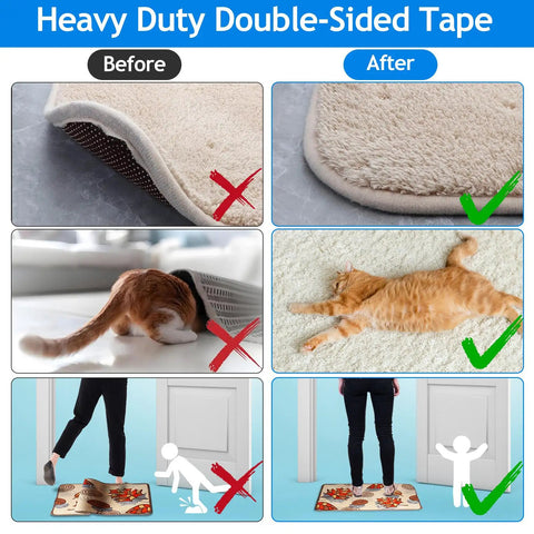 Before and after using Non Slip Rug Tape And Pads Set For Hardwood And Tile Floors Reusable Washable Double Sided Rug Grippers