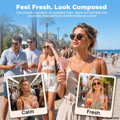 Woman using Rechargeable Handheld Fan Portable Mini Fan With 3000mAh Battery 10 Hour Runtime 180 Degree Foldable USB Travel Fan outdoors.