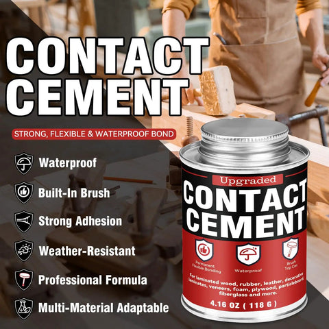 Heavy Duty Neoprene Contact Adhesive With Built In Brush, Delivers A Super Tight Grip For Leather And Woodwork, Waterproof And Heat Resistant Formula That Makes Furniture Repairs A Breeze And Keeps Crafts Looking Crisp, shown in a workshop setting.