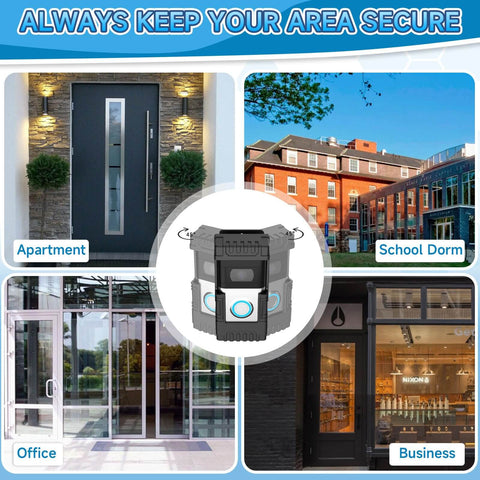 Image showing No Drill Anti Theft Doorbell Mount For Blink And Ring Video Doorbells With 360 Degree Coverage And Adjustable Angle in various settings: apartment, school dorm, office, and business.
