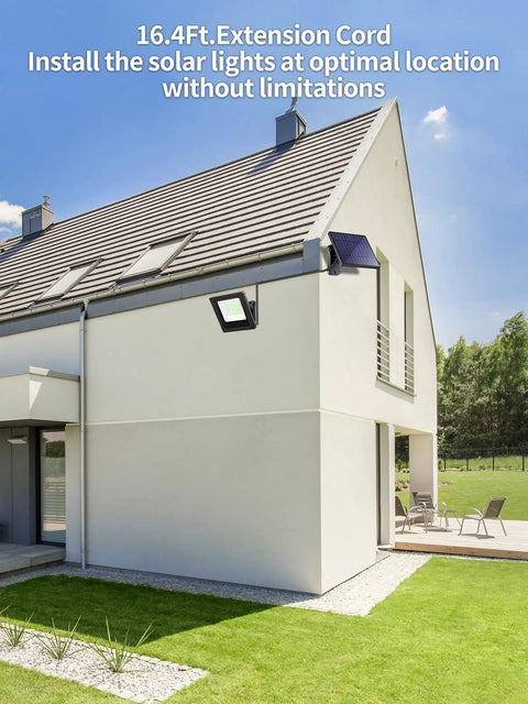 Modern house with Outdoor Solar Flood Light 6500K Cool White Dope Bright Light, Dusk to Dawn Security Spotlight installed