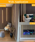 Eight Pack 3000K LED Lights For Wood Slat Walls And WPC Panels installed in living room and TV media wall, showcasing modern accent lighting.