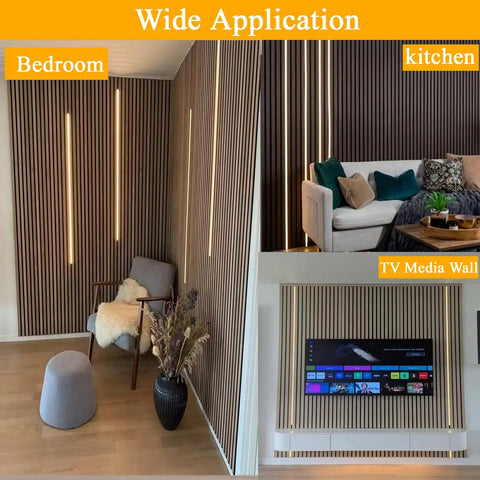 Eight Pack 3000K LED Lights For Wood Slat Walls And WPC Panels installed in living room and TV media wall, showcasing modern accent lighting.