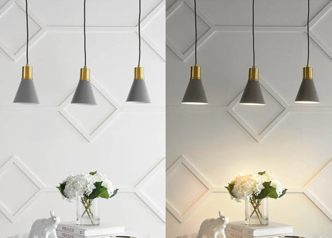 Apollo Style 33.5 Inch Gray And Brass Gold Mid Century Modern Iron LED Pendant With Black Metal Shade Adjustable Hanging Ceiling Light For Kitchen Island And Hallway LED Bulb Included, showing three pendant lights in an interior setting with floral decor.