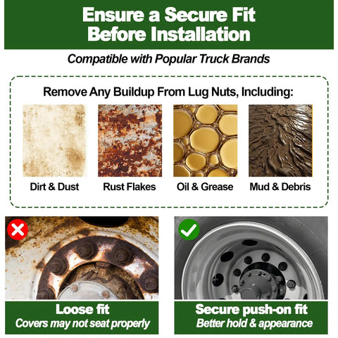 Infographic on secure fit for 33mm lug nut covers push on for semi trucks and trailers with dirt, rust, oil, and debris removal.