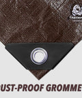 Corner of Extra Thick 8x10 Feet Brown Beefed Up Heavy Duty Poly Tarpaulin 20 Mil Waterproof UV Resistant with reinforced grommet.