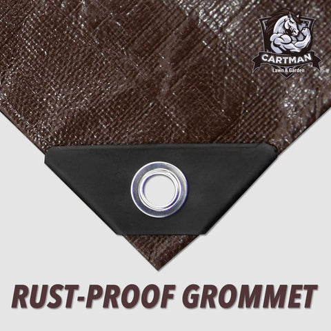 Corner of Extra Thick 8x10 Feet Brown Beefed Up Heavy Duty Poly Tarpaulin 20 Mil Waterproof UV Resistant with reinforced grommet.