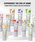Assorted Cre8tion hand and body lotions in 10 scents, including lavender and green tea, displayed on white podiums.