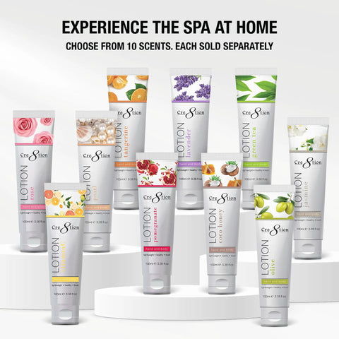 Assorted Cre8tion hand and body lotions in 10 scents, including lavender and green tea, displayed on white podiums.