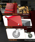 Five Drawer Rolling Tool Chest With Wheels And Central Lock System, Pro Grade Secure Storage Cabinet For Warehouse, Workshop, And Repair Shop, Portable Tool Box On Casters, Heavy Duty Red, side handle and mute wheels shown