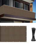 Straight Up Heavy Duty Balcony Privacy Fence Screen Mesh Windscreen Block Sunlight And Breeze For Deck Patio Porch Backyard Outdoor Shade Cover Brown With Grommets installed on a balcony with brass rings and ties.