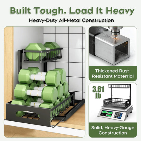 No Sweat Heavy Duty Under Sink Organizer Two Pack L Shaped Metal Pull Out Drawers For Kitchen Cabinets with dumbbells.