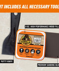 All Purpose Wood Filler Repair Kit With Putty Knife And Sanding Block For DIY Home Projects shown with tools included